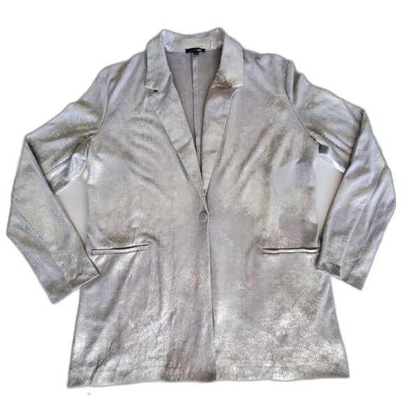 Festive Soft Metallic Silver Faux Suede Longline Blazer Sz XL Holiday Party Glam - Picture 4 of 9
